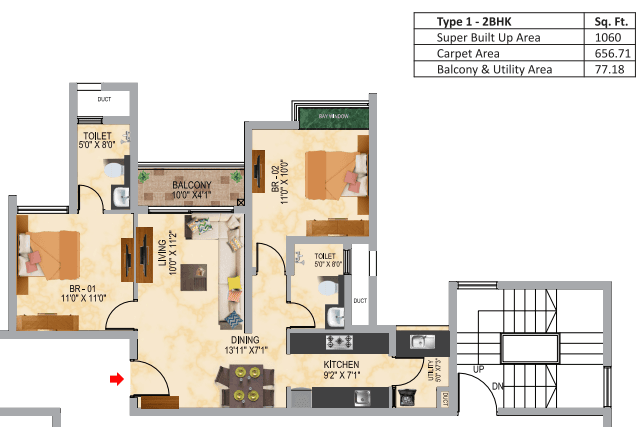 SNN Raj Serenity Gardens - 2 BHK Floor Plan