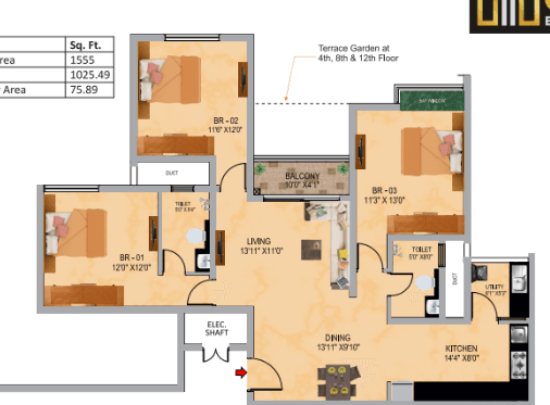 SNN Raj Serenity Gardens - 3 BHK Floor Plan