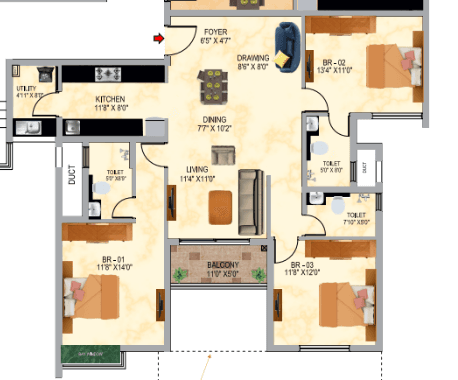 SNN Raj Serenity Gardens - 3 BHK Floor Plan