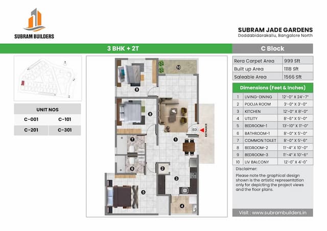 Subram Jade Gardens - 3 BHK Floor Plan