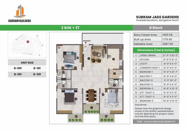 Subram Jade Gardens - 3 BHK Floor Plan