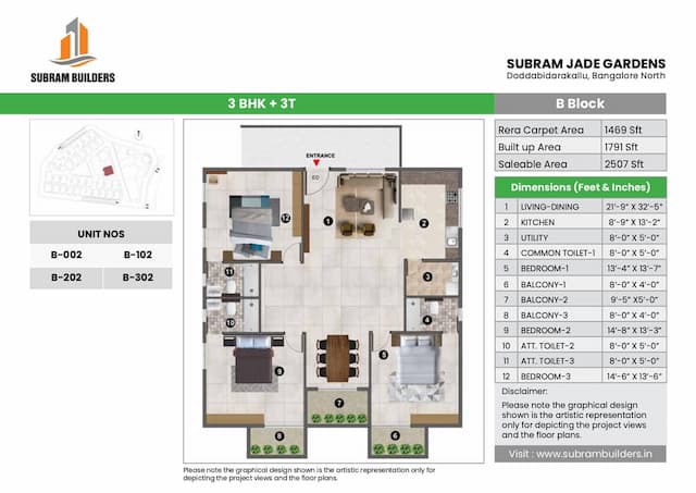 Subram Jade Gardens - 3 BHK Floor Plan