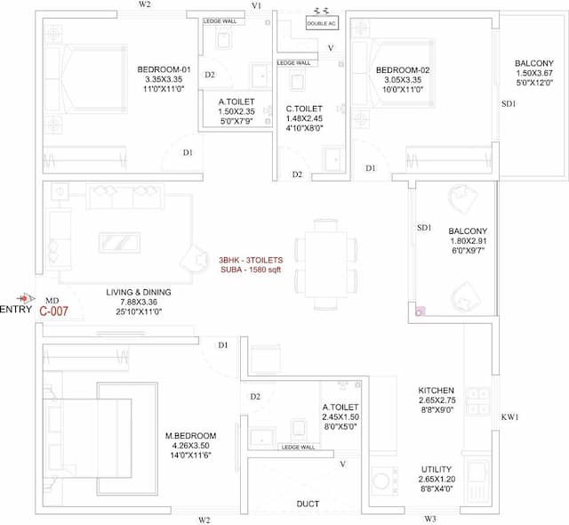 Trendsquares Akino - 3 BHK Floor Plan