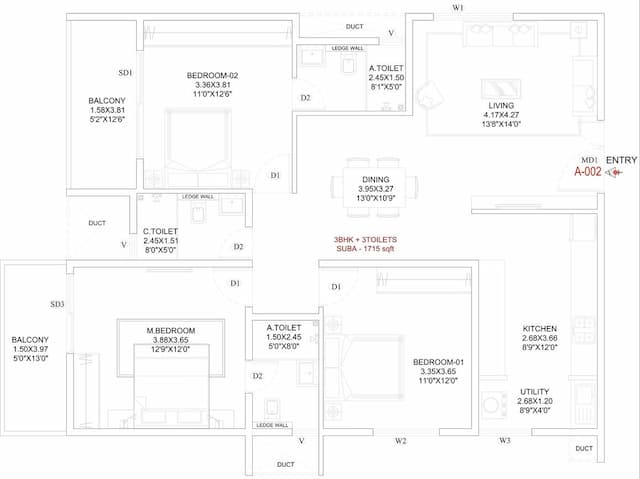 Trendsquares Akino - 3 BHK Floor Plan