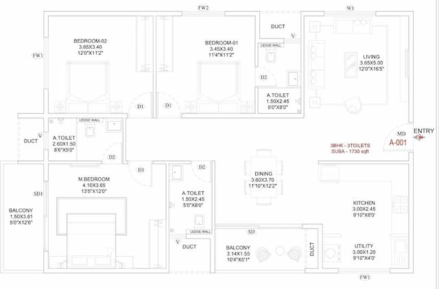 Trendsquares Akino - 3 BHK Floor Plan