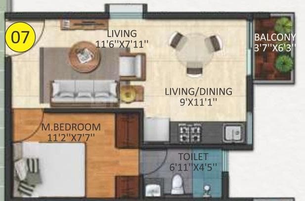 Triaxis Splendour Plus - 1 BHK Floor Plan