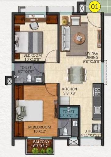 Triaxis Splendour Plus - 2 BHK Floor Plan