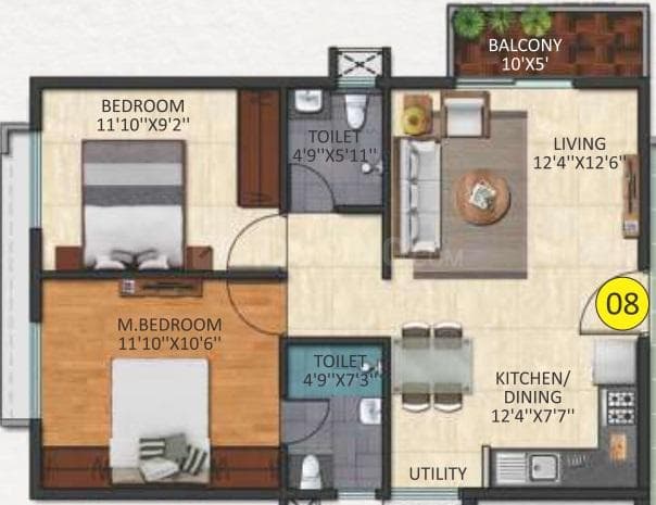 Triaxis Splendour Plus - 2 BHK Floor Plan