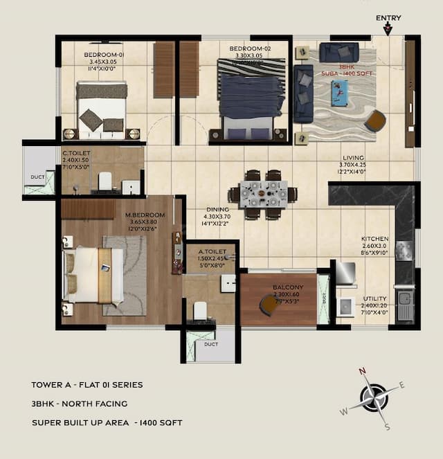 Trifecta Vanto Phase 1 - 3 BHK Floor Plan