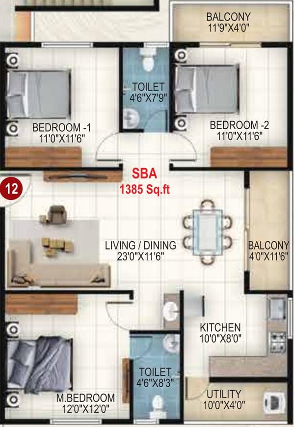 Udbhav Gokulam - 3 BHK Floor Plan