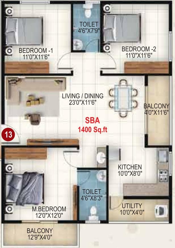 Udbhav Gokulam - 3 BHK Floor Plan
