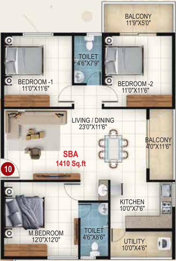 Udbhav Gokulam - 3 BHK Floor Plan