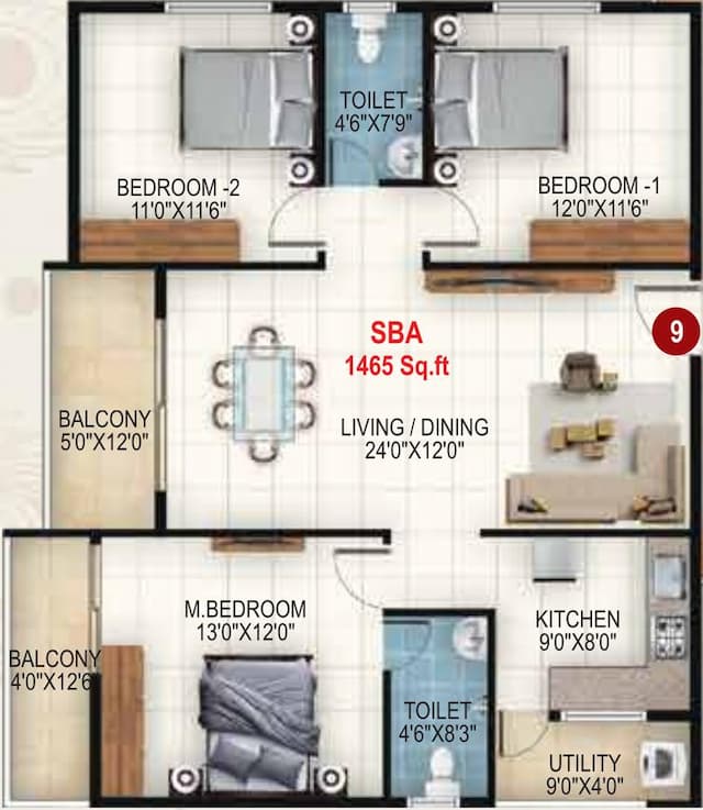 Udbhav Gokulam - 3 BHK Floor Plan
