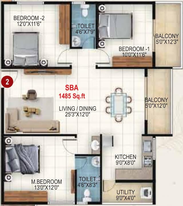 Udbhav Gokulam - 3 BHK Floor Plan