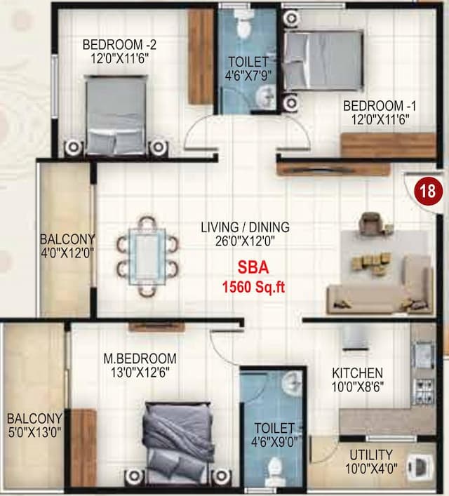 Udbhav Gokulam - 3 BHK Floor Plan