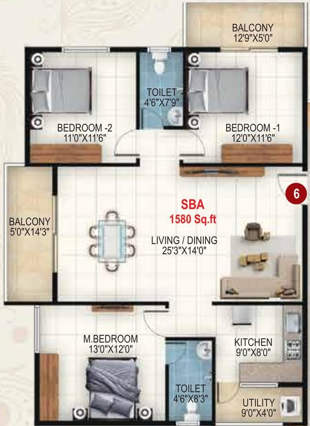 Udbhav Gokulam - 3 BHK Floor Plan