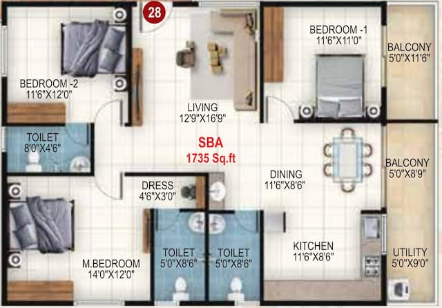 Udbhav Gokulam - 3 BHK Floor Plan