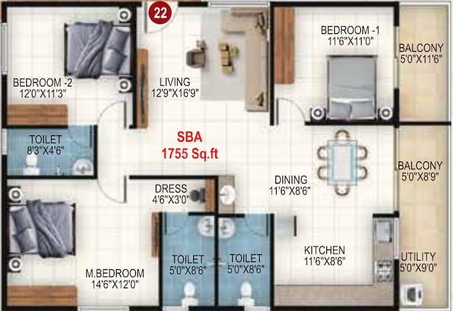 Udbhav Gokulam - 3 BHK Floor Plan