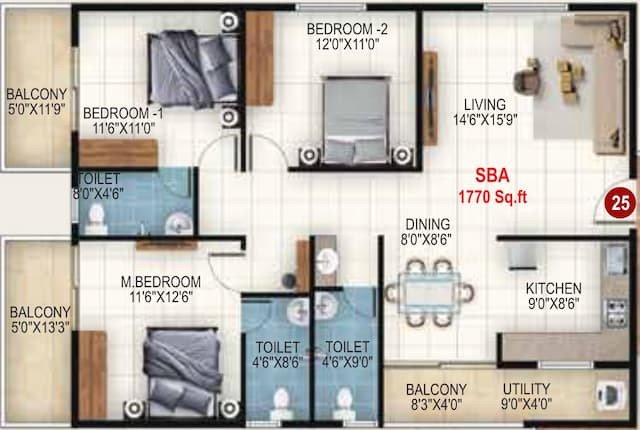 Udbhav Gokulam - 3 BHK Floor Plan