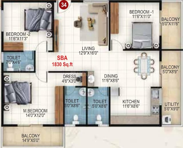 Udbhav Gokulam - 3 BHK Floor Plan