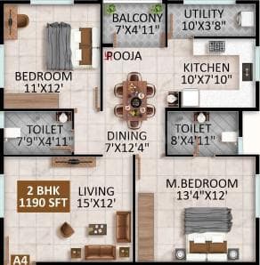 United Sai Greenwoods Phase 2 - 2 BHK Floor Plan