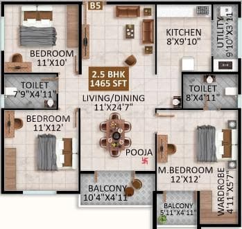 United Sai Greenwoods Phase 2 - 2.5 BHK Floor Plan