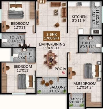 United Sai Greenwoods Phase 2 - 3 BHK Floor Plan