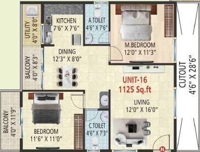 Vaarahi Vivarea - 2 BHK Floor Plan