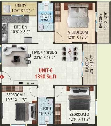 Vaarahi Vivarea - 3 BHK Floor Plan