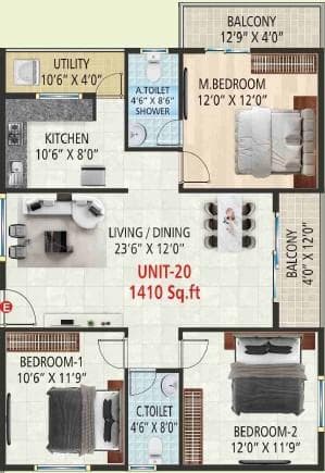 Vaarahi Vivarea - 3 BHK Floor Plan