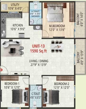 Vaarahi Vivarea - 3 BHK Floor Plan