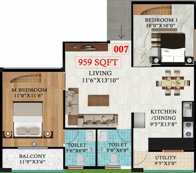 Vkc Royale Gardenia - 2 BHK Floor Plan