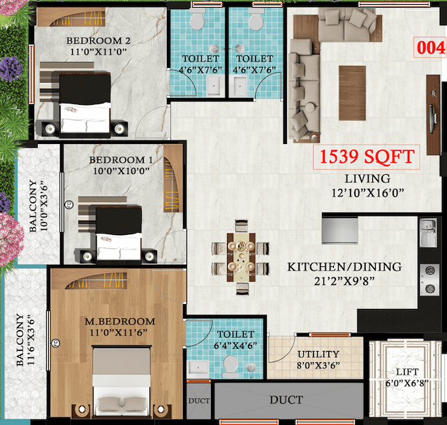 Vkc Royale Gardenia - 3 BHK Floor Plan
