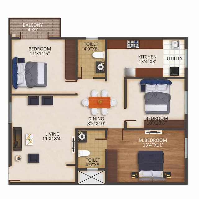VRUKSHA GREENS - 3 BHK Floor Plan